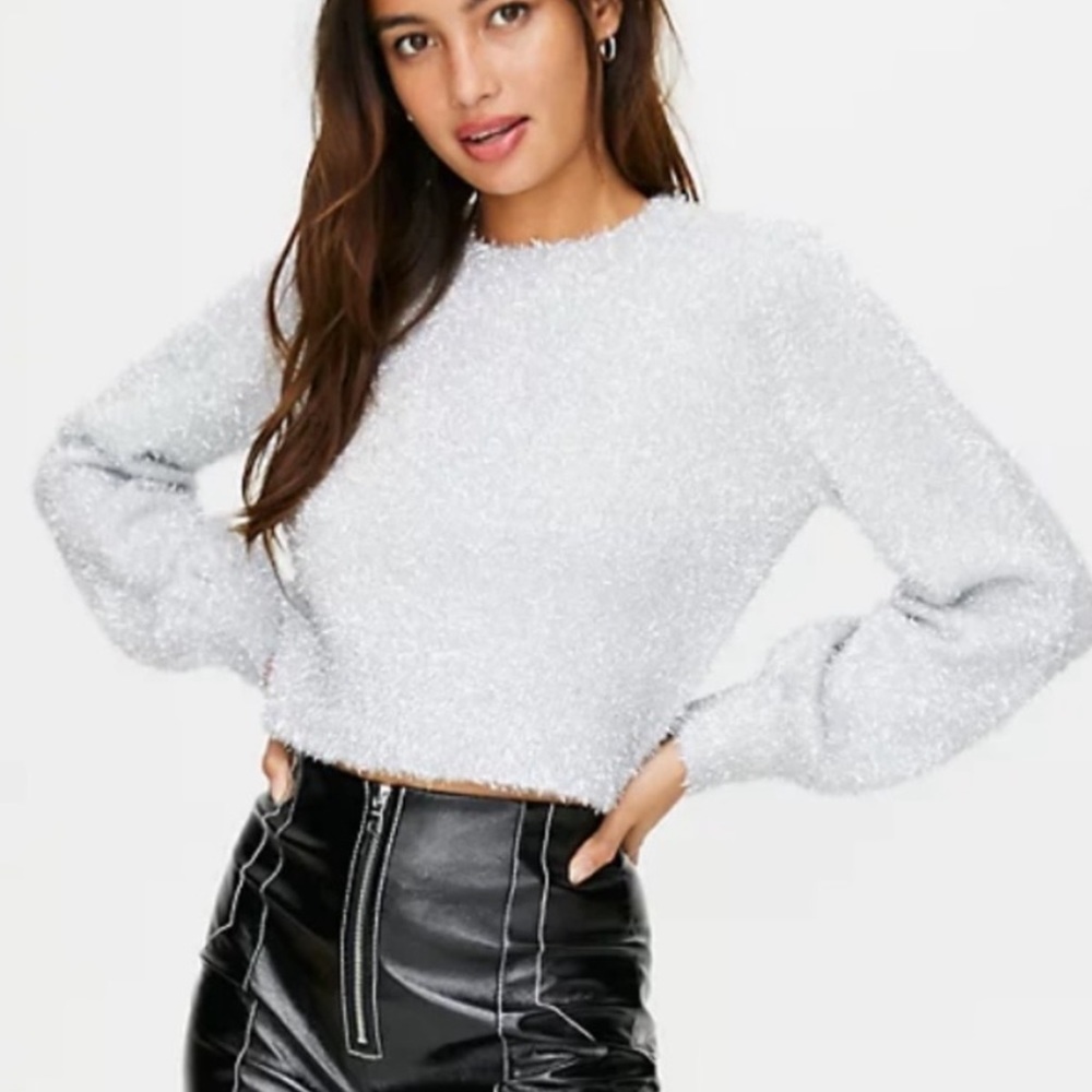 Sunday Best (Aritzia)Silver Metallic Sparkle Kitten Fuzzy Cropped Soft Size M